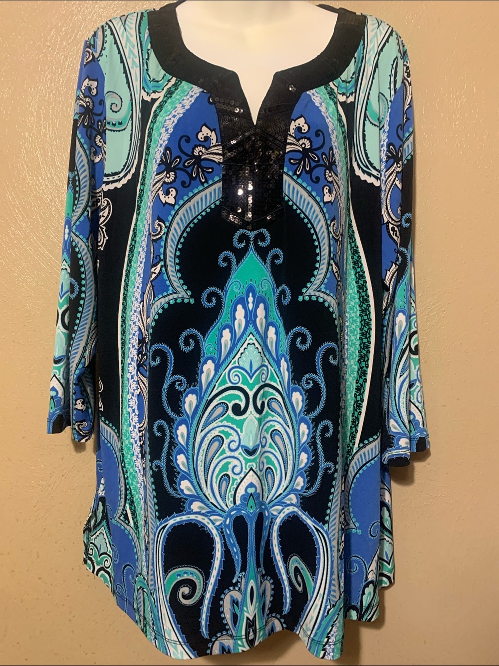 JM Collection XL Scoop-Neck Paisley Print Tunic Blue & Teal Sequin Trim